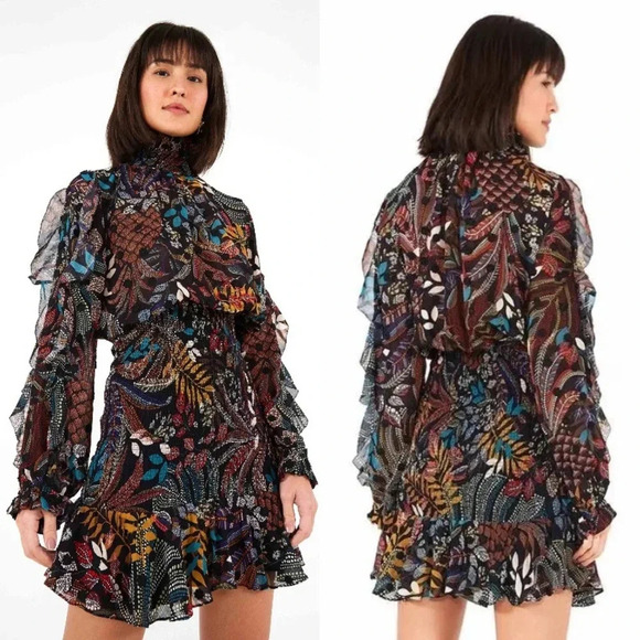 FARM Rio Delicate Forest Smocked Mini Dress Small Floral Embroidered Boho Chic - Picture 1 of 16